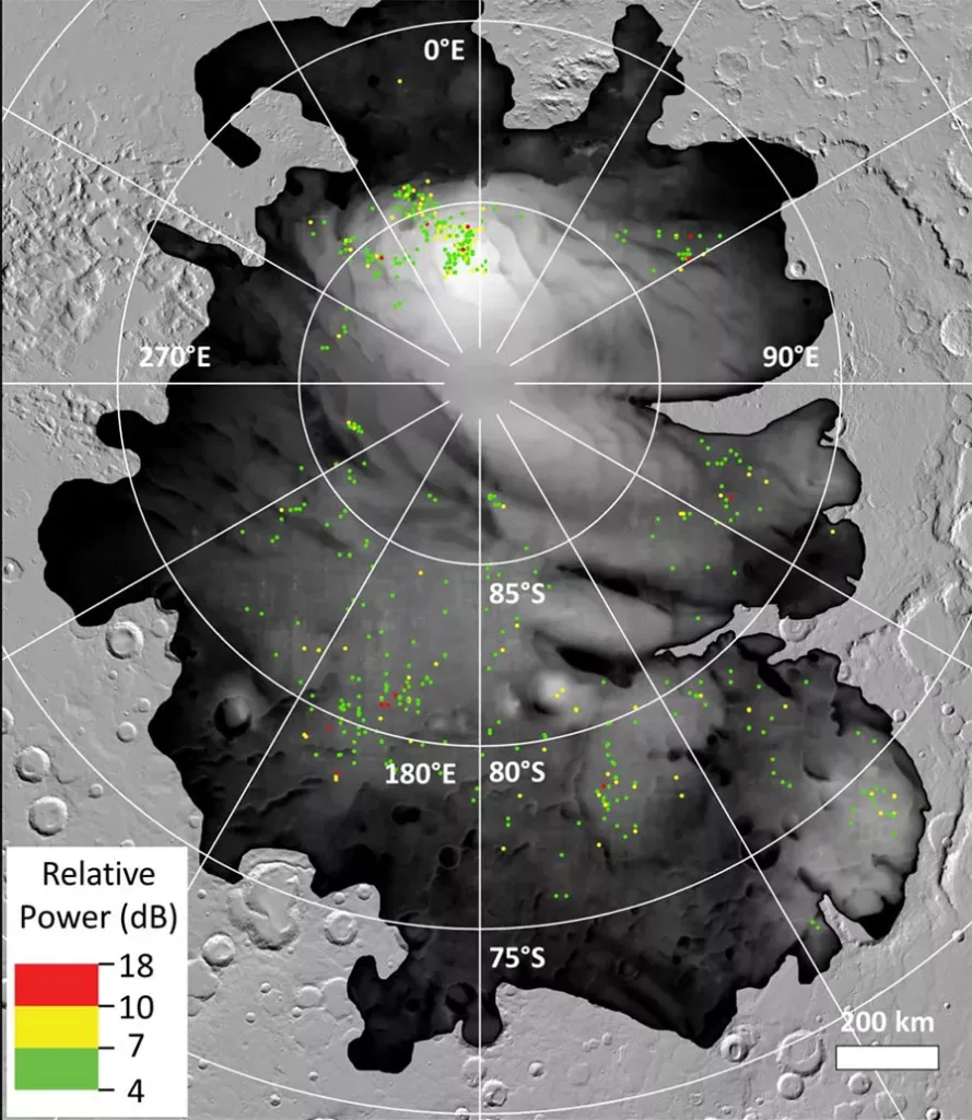 Radarreflecties aan de zuidpool van Mars