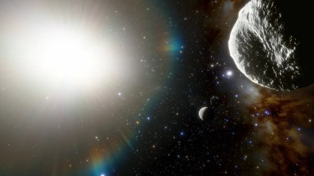 Artist impressie van asteroïde 2021 PH27 en Mercurius