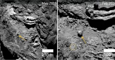 Twee afbeeldingen van het oppervlak van een komeet.