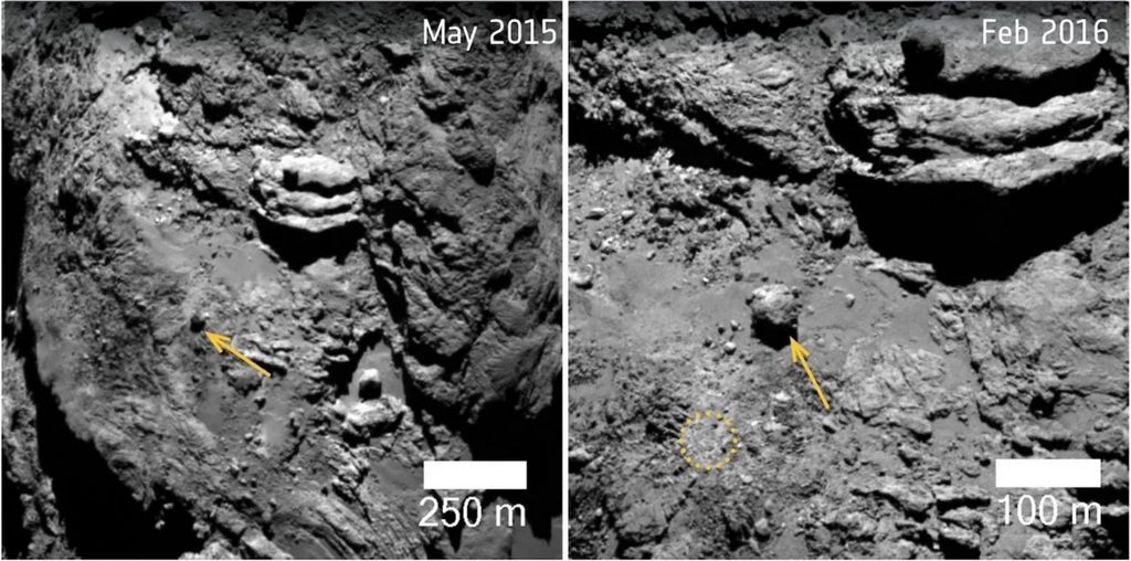 Twee afbeeldingen van het oppervlak van een komeet.