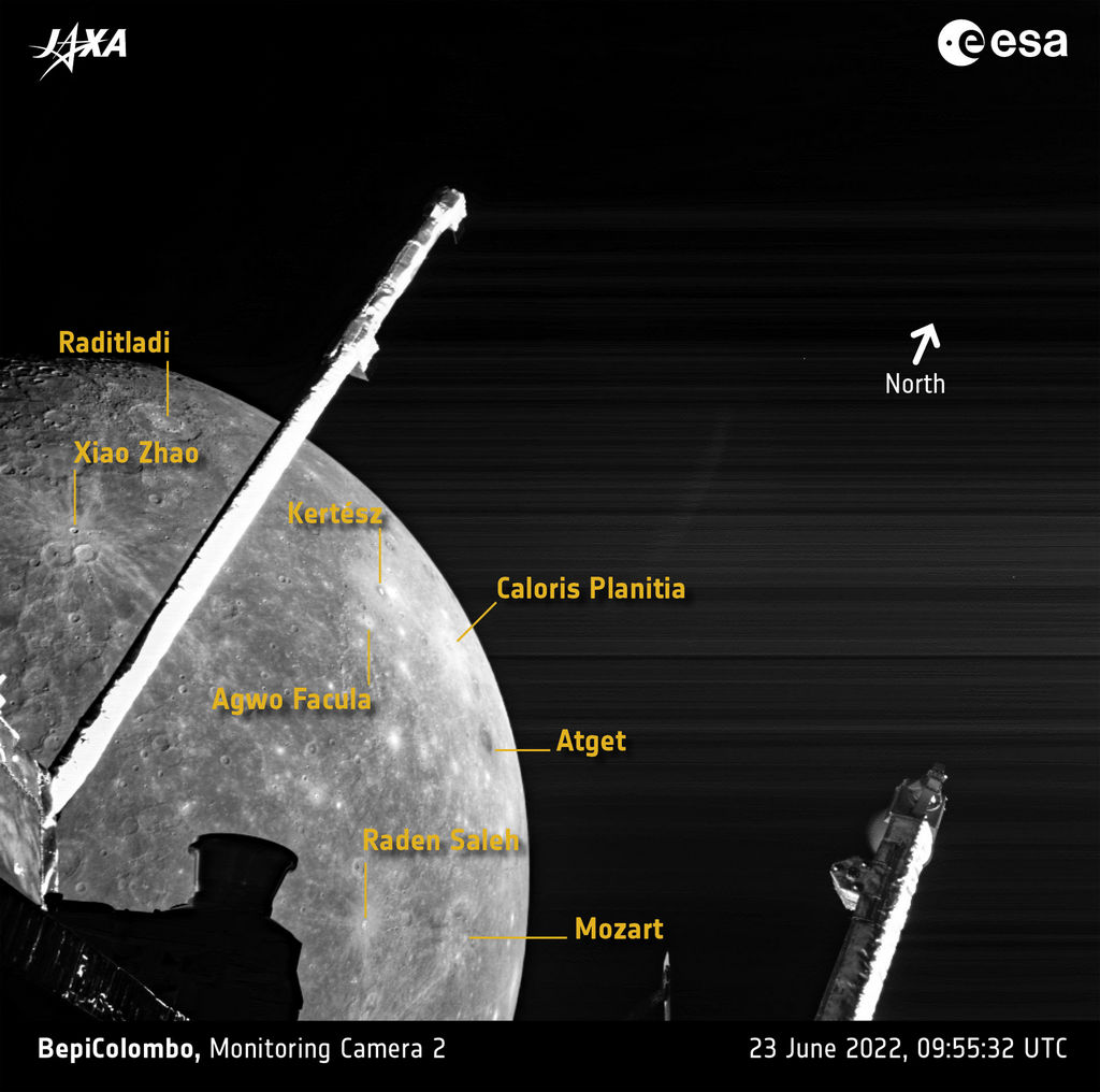BepiColombo fotografeerde tijdens de tweede scheervlucht van 23 juni 2022 Mercurius