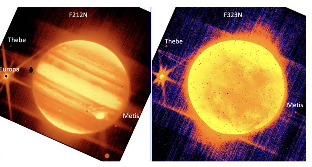 Jupiter en zijn manen op verschillende golflengtes