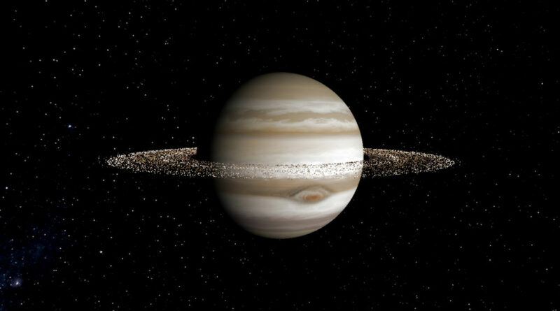 Artist impressie Jupiter met de ringen van Saturnus