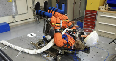NASA's "Moonikin" paspop, gekleed in een oranje ruimtepak, zittende in lanceerpositie.