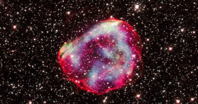 Deze compositie opname toont SNR 0519-69.0, een Type Ia supernova restant in de Grote Magelhaanse Wolk