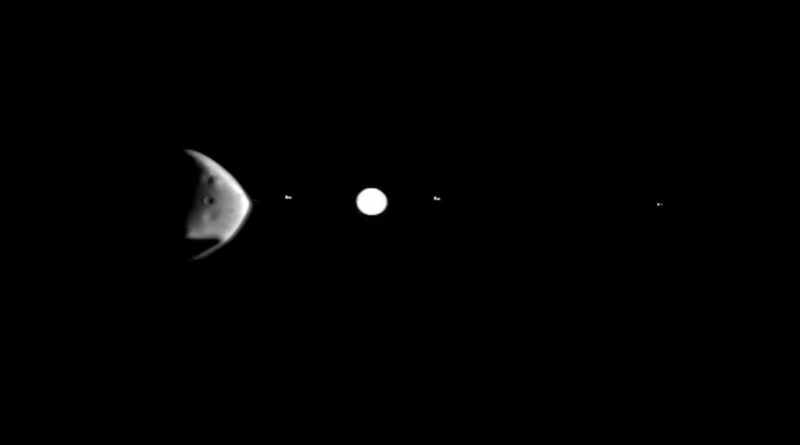 Deimos beweegt voorlangs Jupiter en zijn Galileïsche manen.