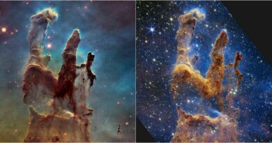 De Pillars of Creation gezien door Hubble en Webb