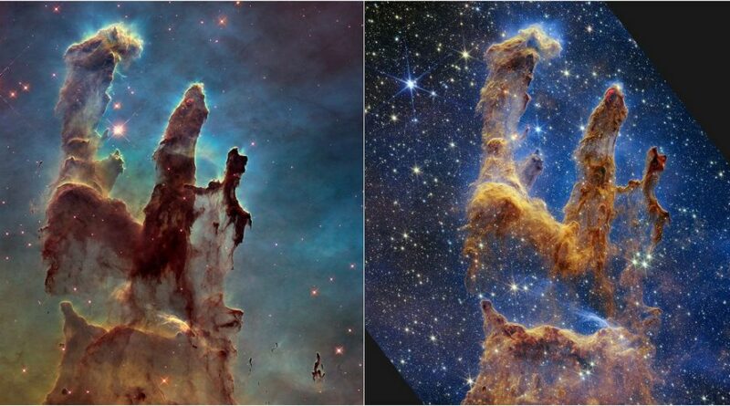 De Pillars of Creation gezien door Hubble en Webb