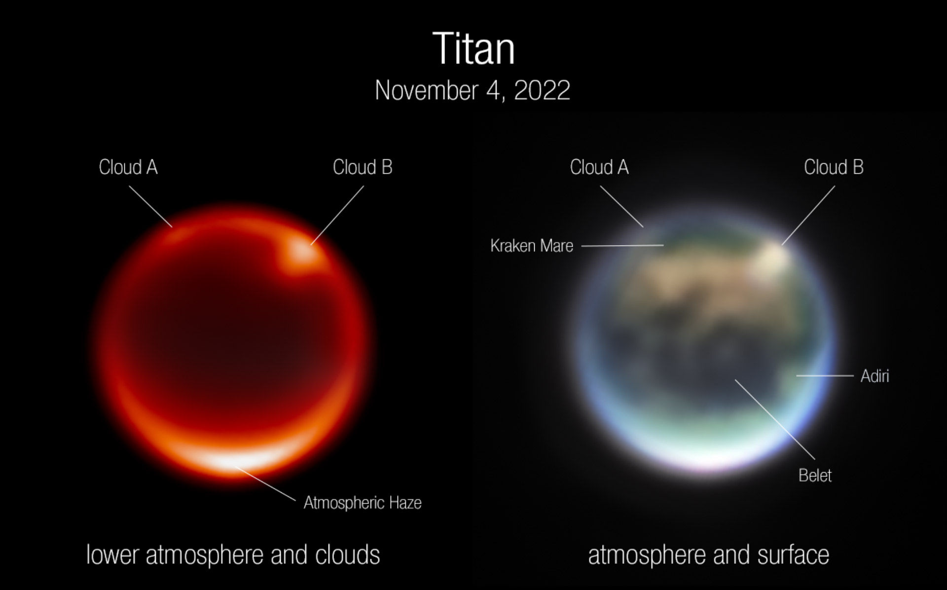 Deze beelden van de Saturnusmaan Titan werden op 4 november 2022 vastgelegd door het NIRCam-instrument van Webb. 