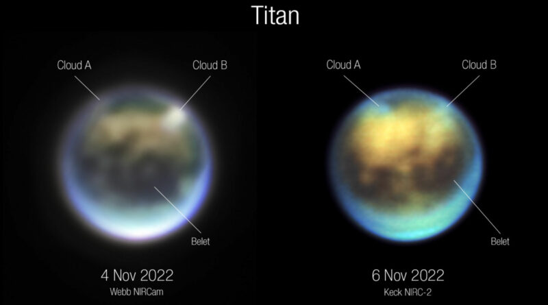 Ontwikkeling van de wolken op Titan gedurende 30 uur tussen 4 en 6 november 2022