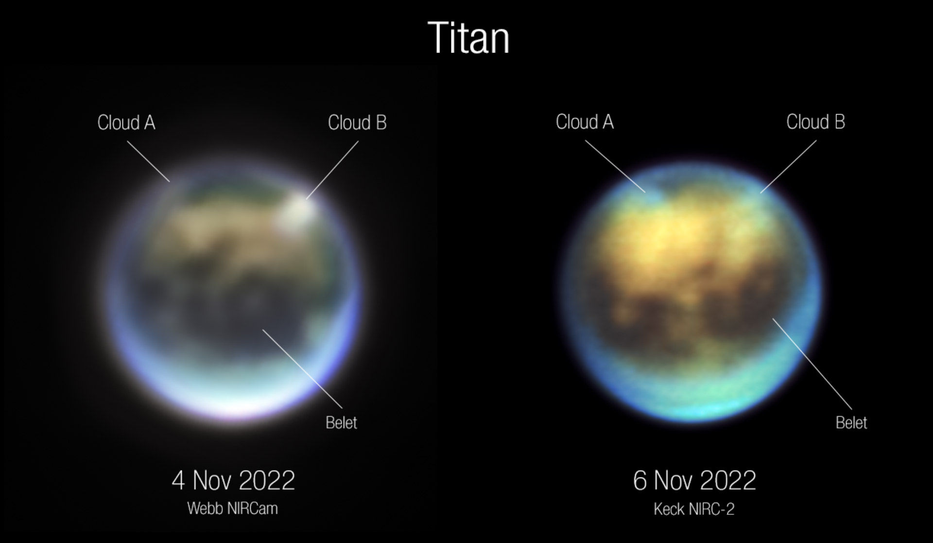 Ontwikkeling van de wolken op Titan gedurende 30 uur tussen 4 en 6 november 2022