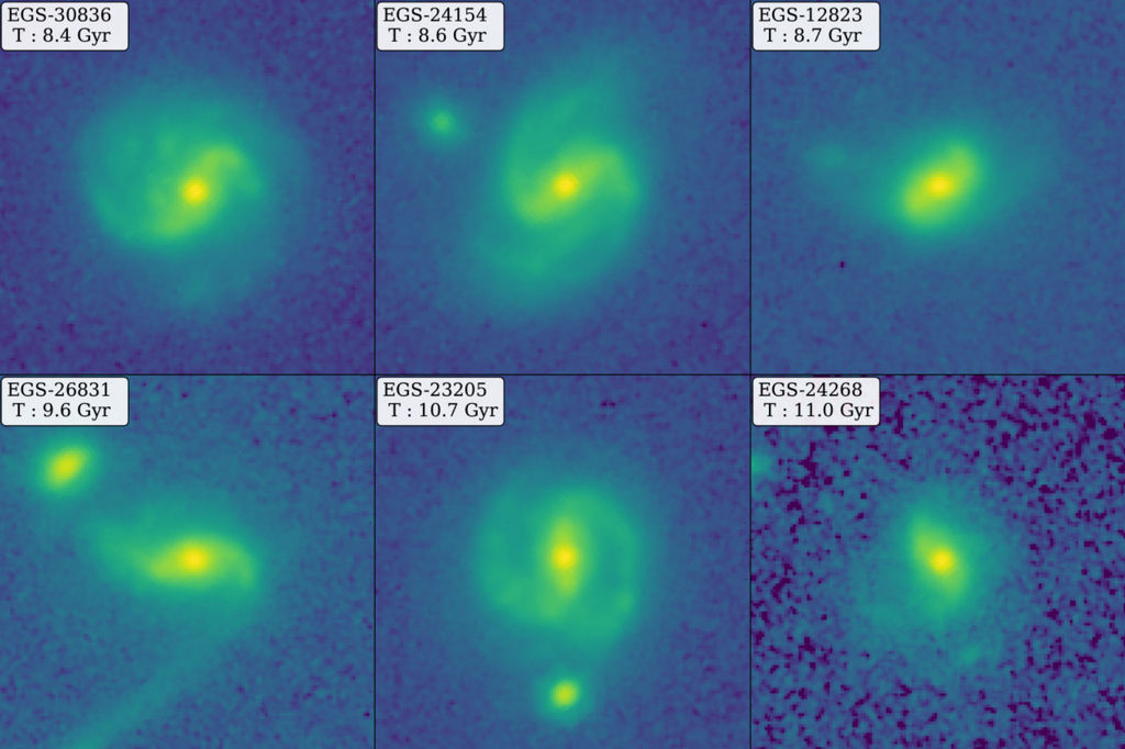 Montage van Webb-afbeeldingen met zes voorbeelden van balkspiraalstelsels 