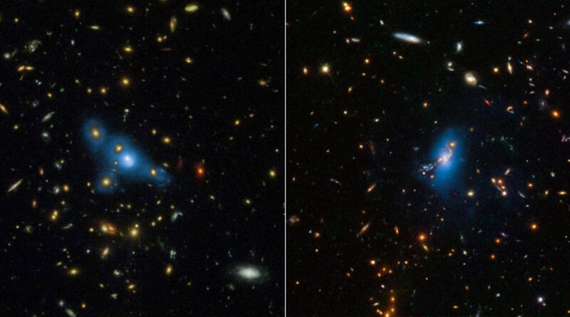Op deze Hubble opnames zijn twee massieve clusters van sterrenstelsels zichtbaar: MOO J1014+0038 (links) en SPT-CL J2106-5844 (rechts).