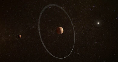 Een artist impressie van de dwergplaneet Quaoar en zijn ring.