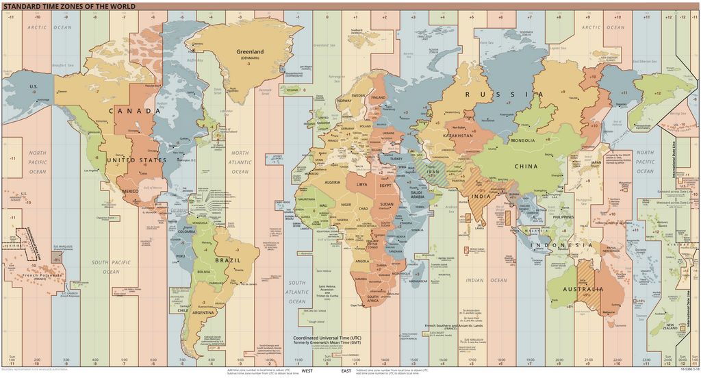 UTC: Wereldkaart met 24 gekleurde verticale strepen.