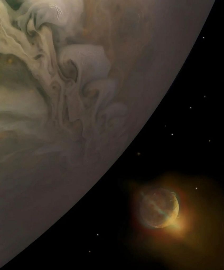 Io treedt in de schaduw van Jupiter. Artist rendering van zuurstof-, natrium- en kalium-aurora’s als Io de schaduw van Jupiter binnentreedt. 