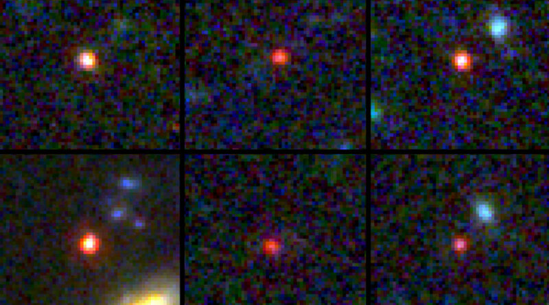 Afbeeldingen van de zes kandidaat zware sterrenstelsels, gezien 500 – 700 miljoen jaar na de Oerknal.