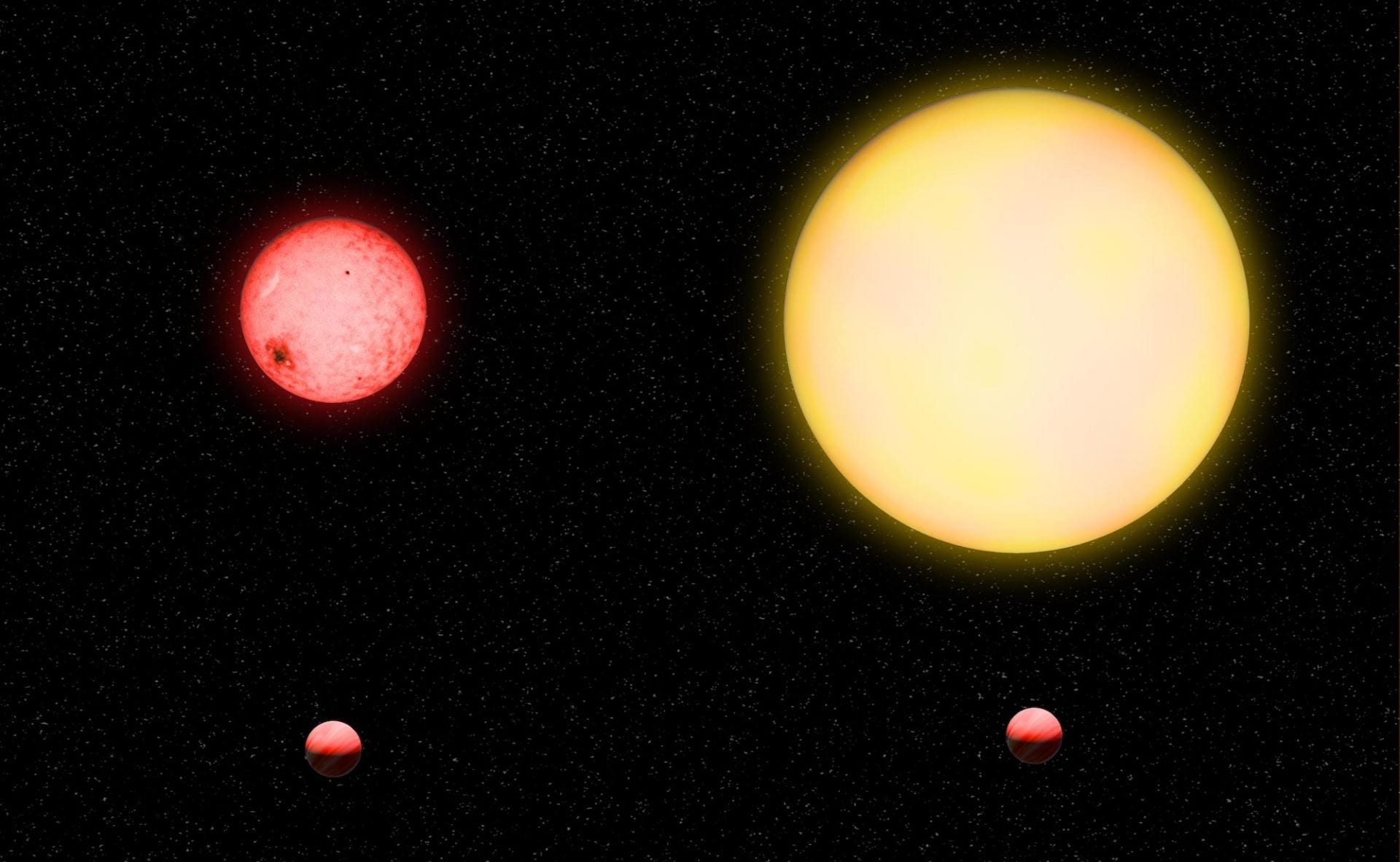 een afbeelding met twee panelen die een identieke planeet laat zien die in een baan om twee sterren van zeer verschillende grootte draait. de ster aan de rechterkant is aanzienlijk groter dan de ster aan de linkerkant