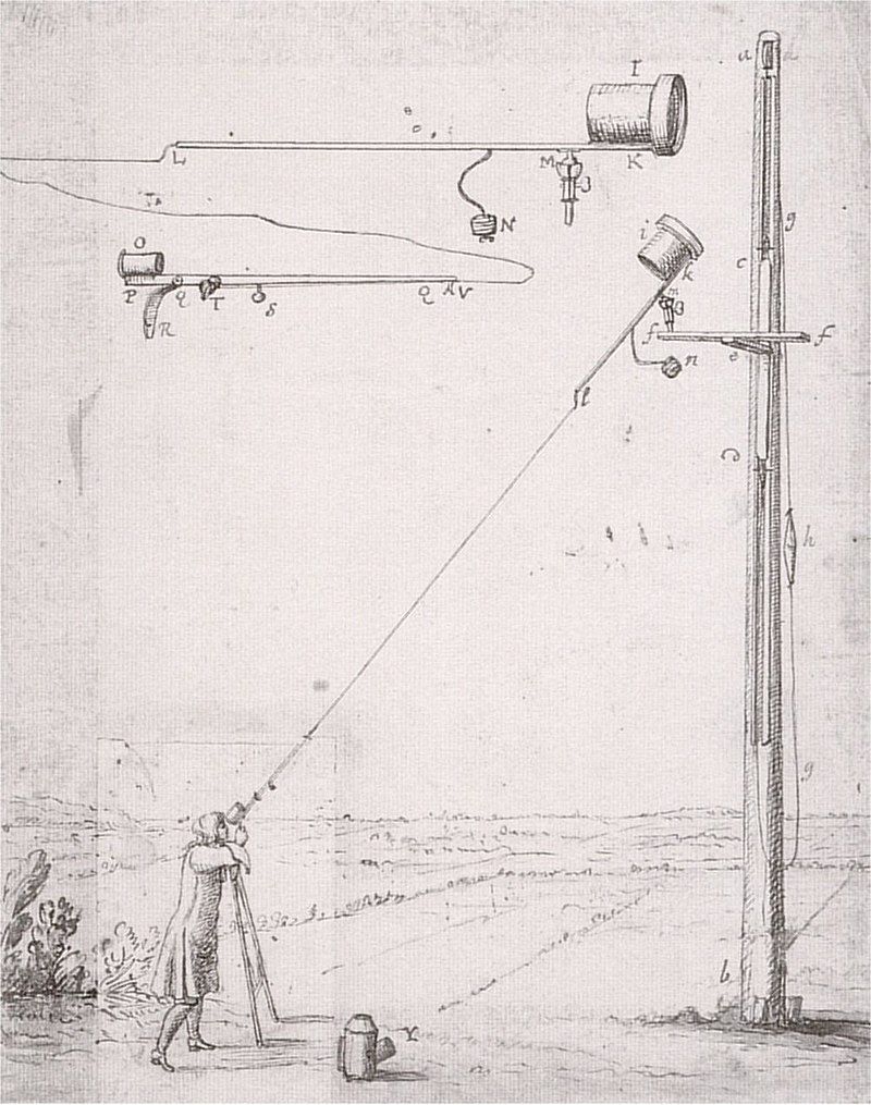 Huygens met een van zijn buisloze telescopen