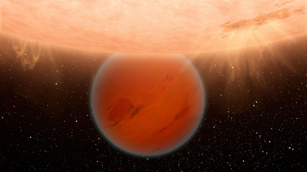Een grote rode  planeet in de buurt van een zware ster. 