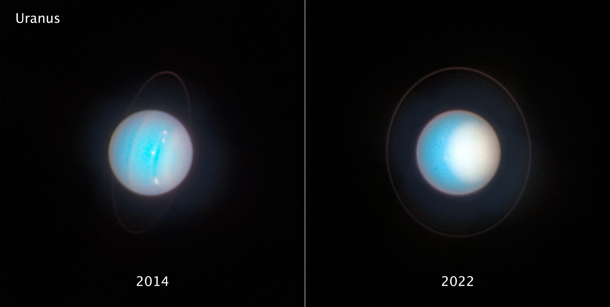 het weer op Uranus in 2014 en 2022