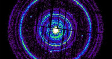 De uitbarsting van gammastraling zoals gezien door de Europese XMM-Newton röntgentelescoop in de ruimte.