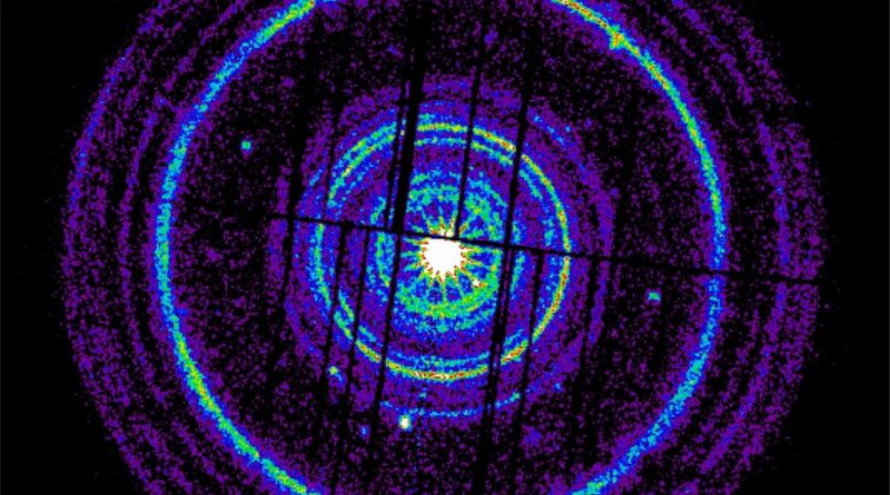 De uitbarsting van gammastraling zoals gezien door de Europese XMM-Newton röntgentelescoop in de ruimte.