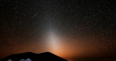 Zodiakaal licht boven de ALMA telescopen in Chili.