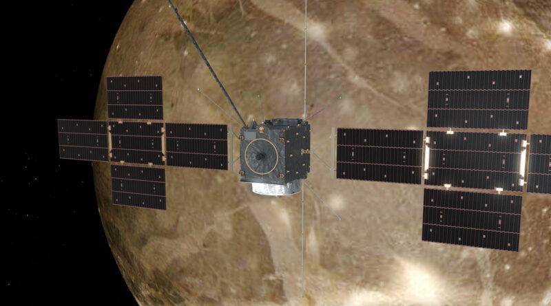 ESA's JUICE ruimtevaartuig draait rond Jupiters maan Ganymedes.