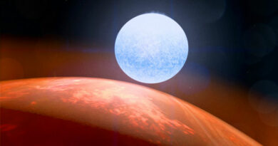 Deze illustratie laat zien hoe de ultrahete Jupiter KELT-9b zijn gastster ziet.