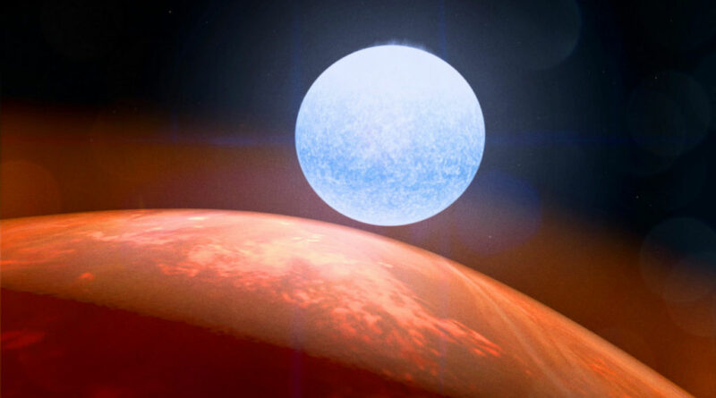 Deze illustratie laat zien hoe de ultrahete Jupiter KELT-9b zijn gastster ziet.