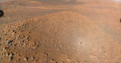 Een luchtfoto van het oppervlak van Mars met de Perseverance rover op de achtergrond.