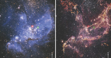 Optisch (links) en infrarood (rechts) beeld van NGC 346 in de Kleine Magelhaense Wolk