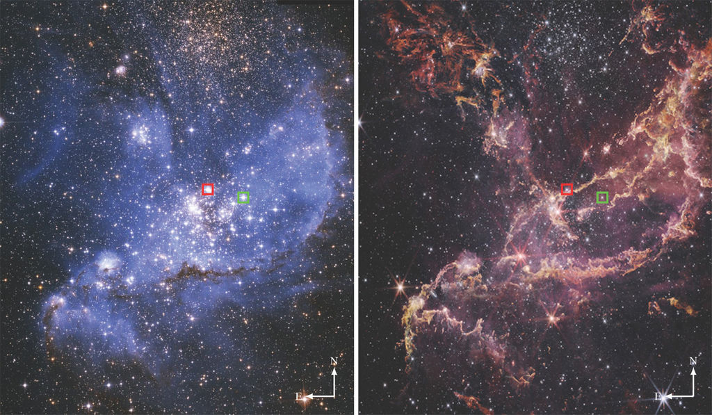 Optisch (links) en infrarood (rechts) beeld van NGC 346 in de Kleine Magelhaense Wolk