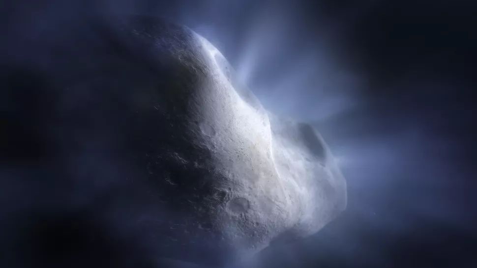 Een grote rots in de ruimte waaruit een witte troebele waas stroomt. 