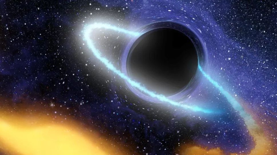 een zwart gat omgeven door een ring van wit licht. 