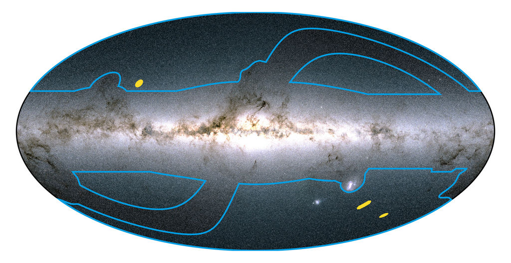 Een kaart van het universum waarop een groot gebied blauw is gemarkeerd en kleinere afzonderlijke gebieden geel zijn gemarkeerd.