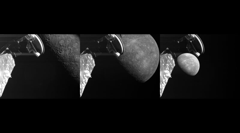 Drie opnamen van Mercurius gemaakt door de Europese BepiColombo-missie tijdens zijn scheervlucht langs de planeet in juni 2023.