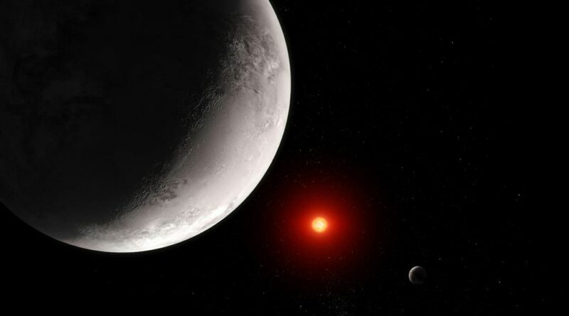 Een illustratie van TRAPPIST-1 C, met TRAPPIST-1 B en de gastster TRAPPIST-1 op de achtergrond.