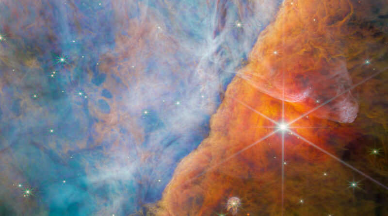 Deze afbeelding, gemaakt met de Webb, toont een deel van de Orionnevel dat bekend staat als de Orion Bar.