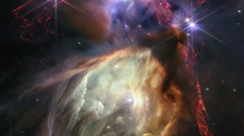 Deze Webb-afbeelding toont een deel van het Rho Ophiuchi-wolkencomplex