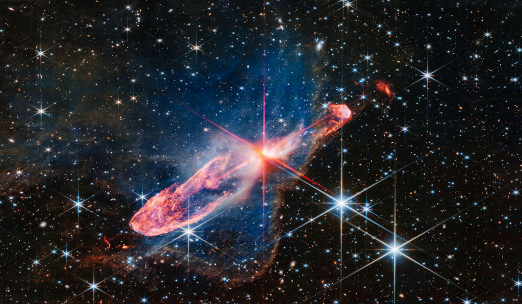 Deze Webb-afbeelding toont een paar actief vormende sterren, bekend als Herbig-Haro 46/47