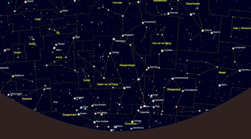 Zoekkaart Rasalhague en het sterrenbeeld Ophiuchus