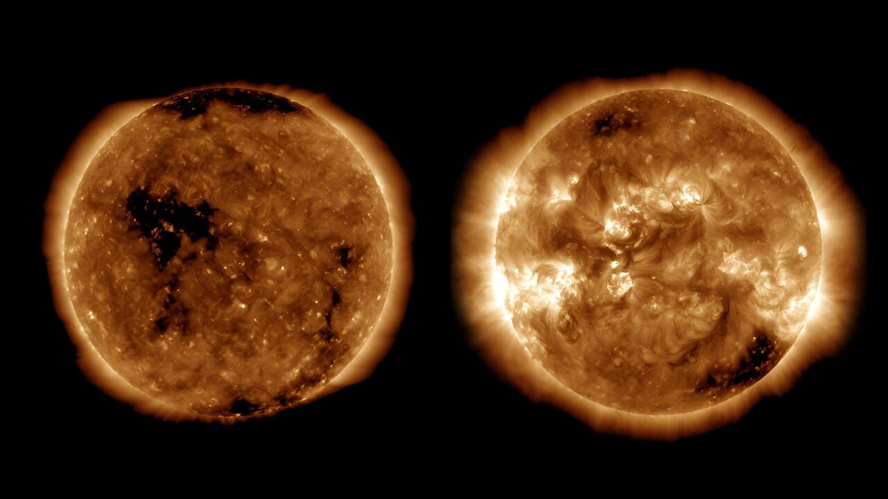 Beelden van NASA's Solar Dynamics Observatory tonen de zon op zonneminimum in oktober 2019 (links) en het laatste zonnemaximum in april 2014 (rechts). 