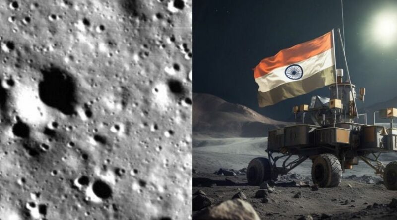 Artist impressie van de Indiase Chandrayaan-3 lander en de maanrover Pragyan op de Maan.