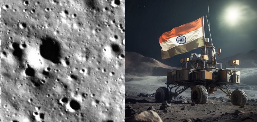 Artist impressie van de Indiase Chandrayaan-3 lander en de maanrover Pragyan op de Maan. 