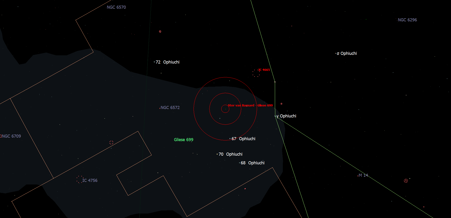 Positie van de Ster van Barnard - Gliese 699 in het sterrenbeeld Ophiuchus - Slangendrager.
