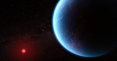Een artist impressie van het planetaire systeem K2-18b