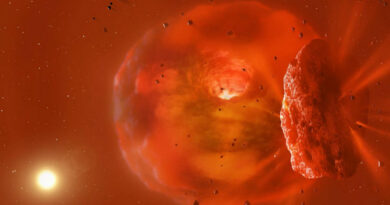 Een visualisatie van het enorme, gloeiende planetaire lichaam geproduceerd door de planetaire botsing ASASSN-21qj.