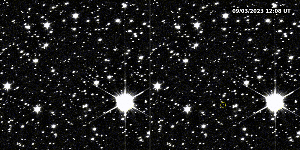 De asteroïde van de hoofdgordel verschijnt als een klein stipje in een sterrenveld. 